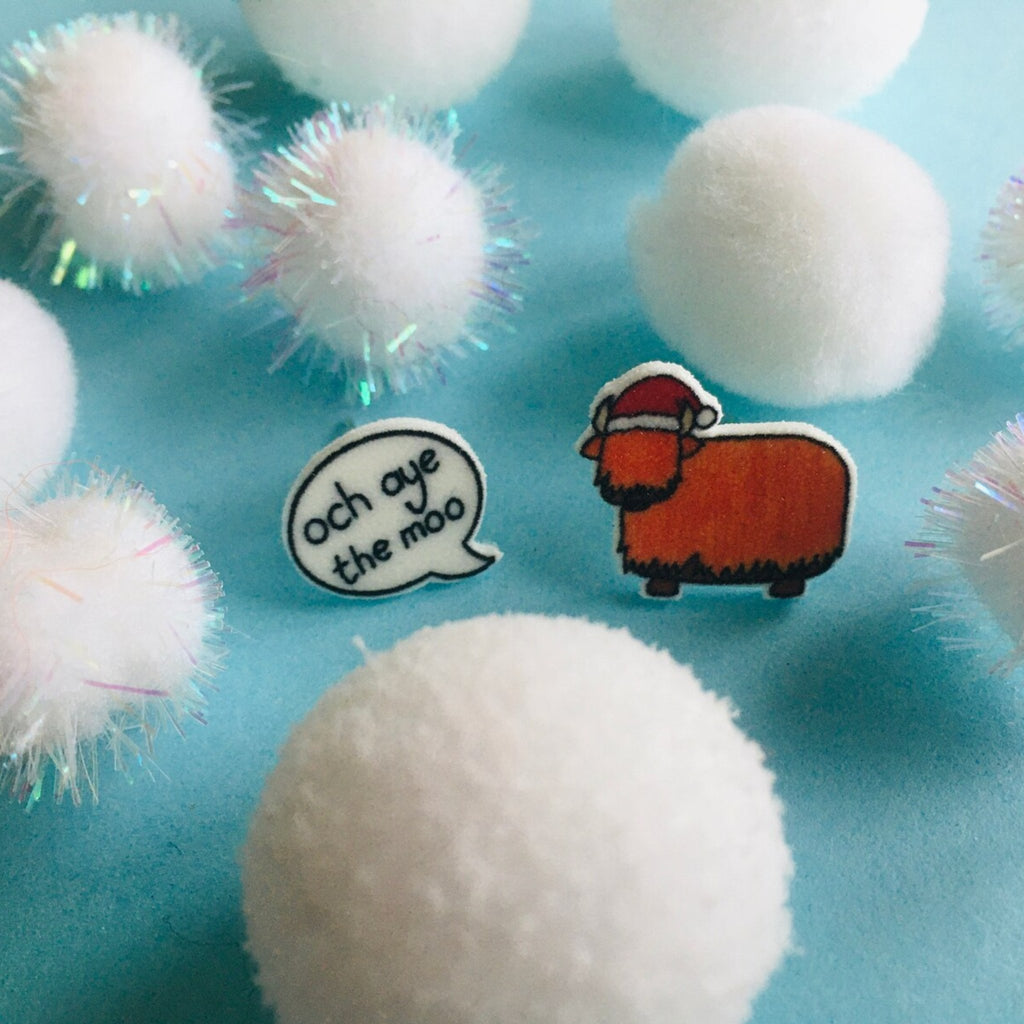 Little Christmas Highland Cow And Speech Bubble Studs - The Little Jewellery Company