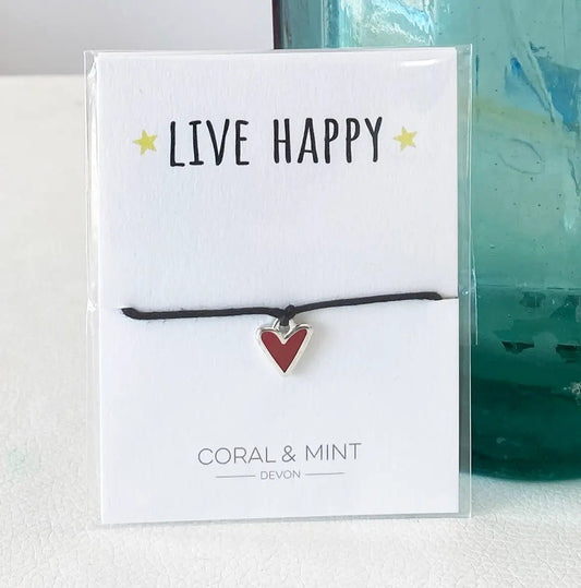 'Live Happy!' Sentiment String Red Heart Charm Bracelet - The Little Jewellery Company