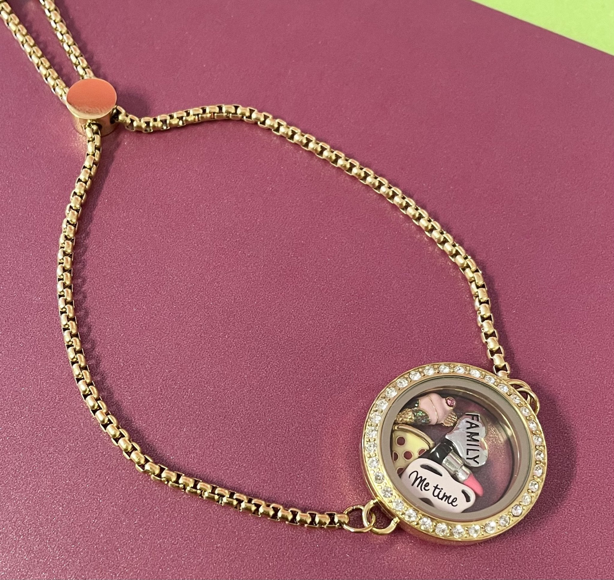 Memory Locket Slide Fastening Bracelet Crystal - Gold Medium - The Little Jewellery Company