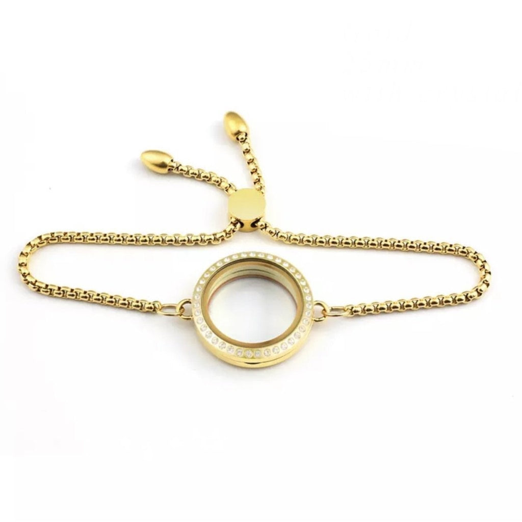 Memory Locket Slide Fastening Bracelet Crystal - Gold Medium - The Little Jewellery Company