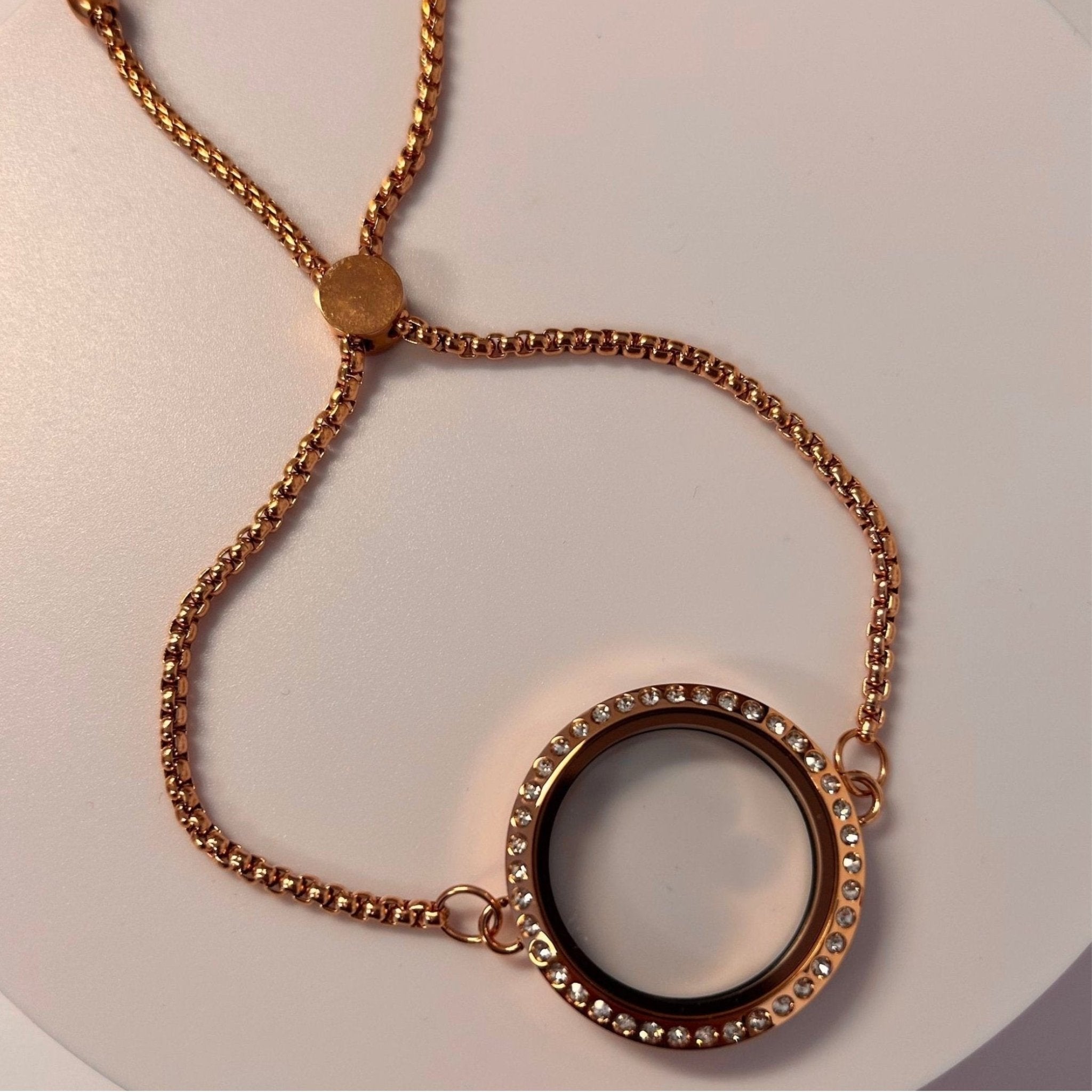 Memory Locket Slide Fastening Bracelet - Rose Gold Crystal Large