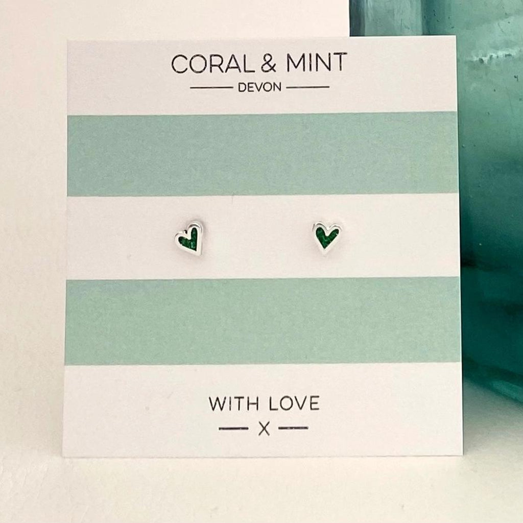 Mini Heart Studs - Emerald Sparkle Enamel - The Little Jewellery Company