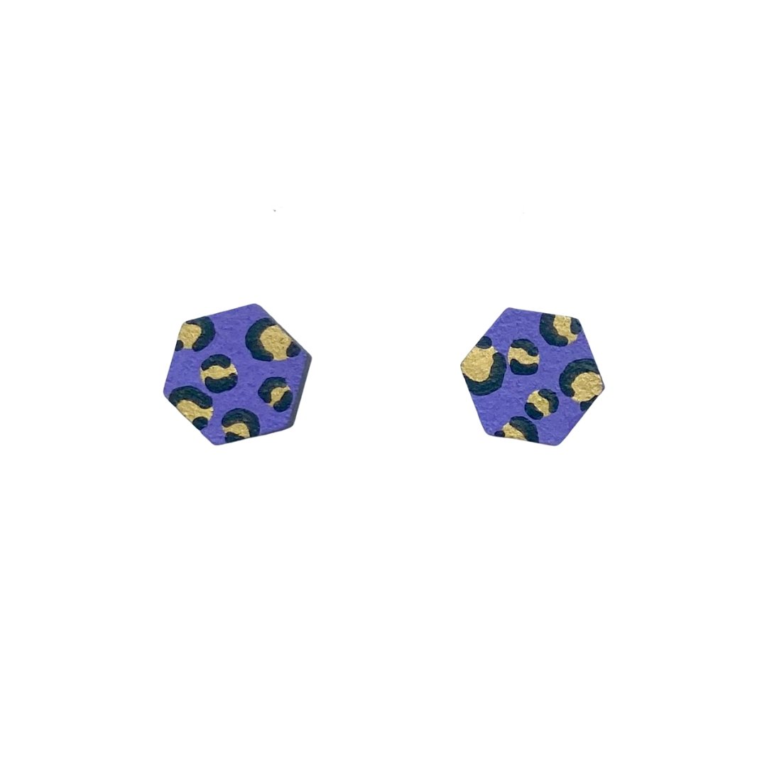 Mini Hexagon Leopard Print Hand Painted Studs - Purple and Gold - The Little Jewellery Company