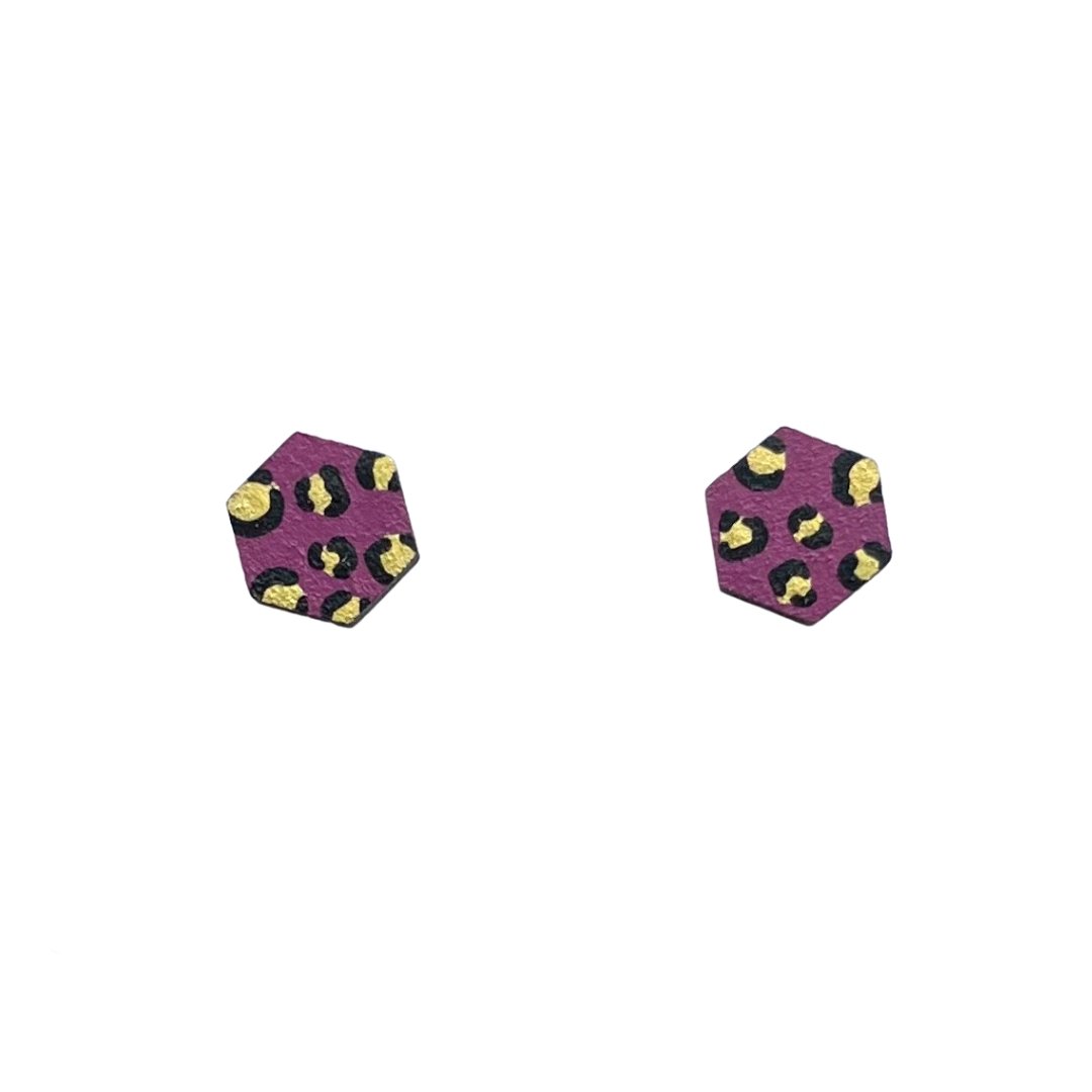Mini Hexagon Leopard Print Hand Painted Studs - Raspberry and Gold
