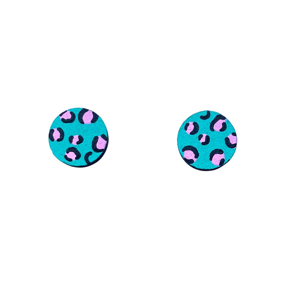 Mini Leopard Print Circle Studs - Green And Pink - The Little Jewellery Company