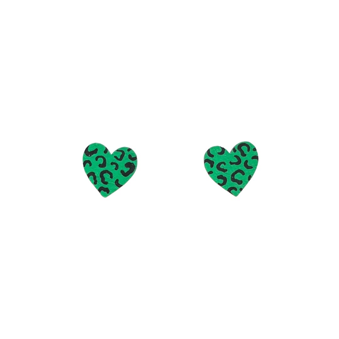 Mini Leopard Print Heart Studs - Green and Black - The Little Jewellery Company