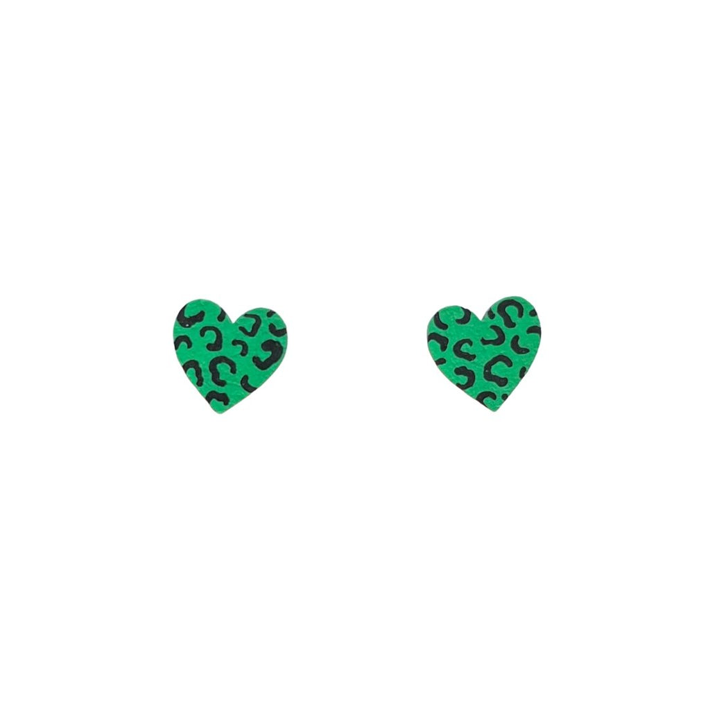 Mini Leopard Print Heart Studs - Green and Black - The Little Jewellery Company