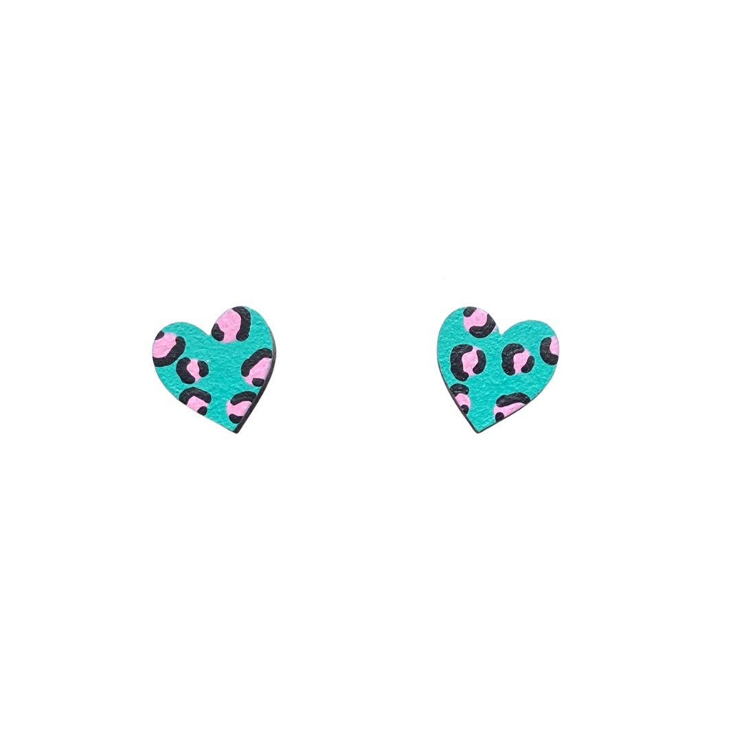 Mini Leopard Print Heart Studs - Green and Pink - The Little Jewellery Company