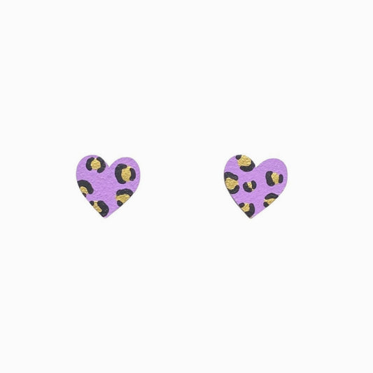 Mini Leopard Print Heart Studs - Lilac and Gold - The Little Jewellery Company