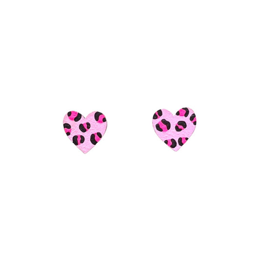 Mini Leopard Print Heart Studs - Neon Pink - The Little Jewellery Company