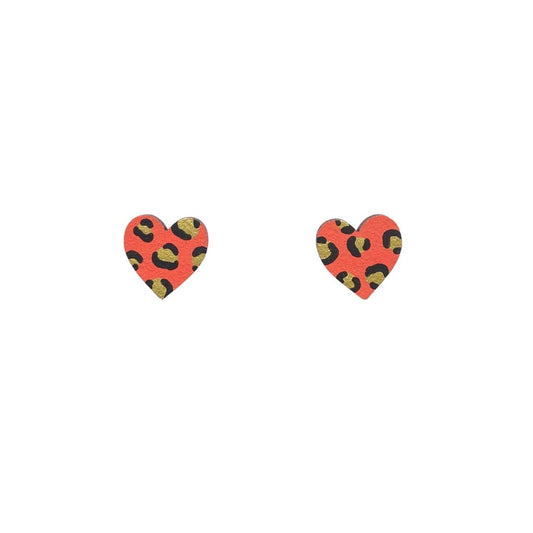 Mini Leopard Print Heart Studs - Orange and Gold - The Little Jewellery Company