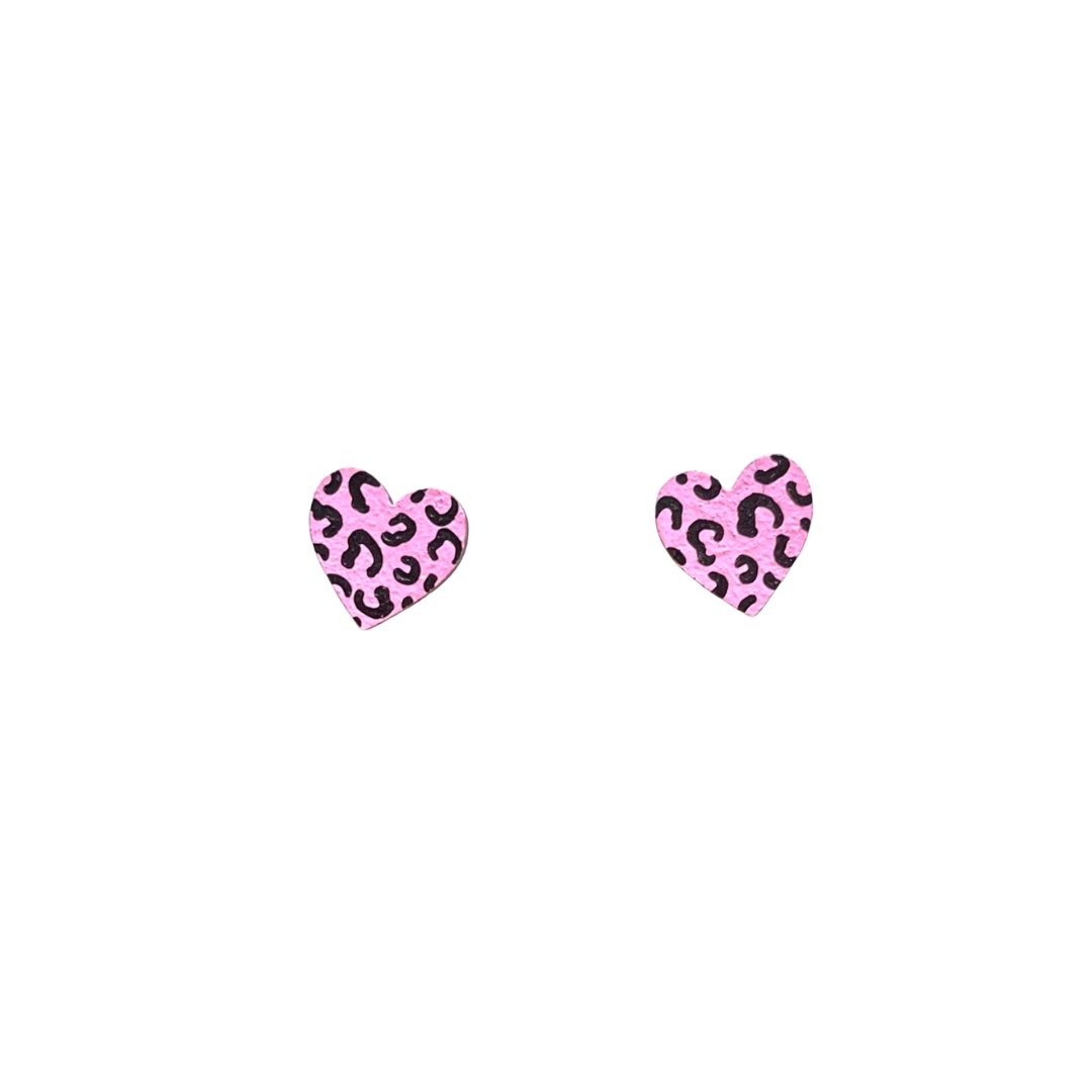Mini Leopard Print Heart Studs - Pink and Black