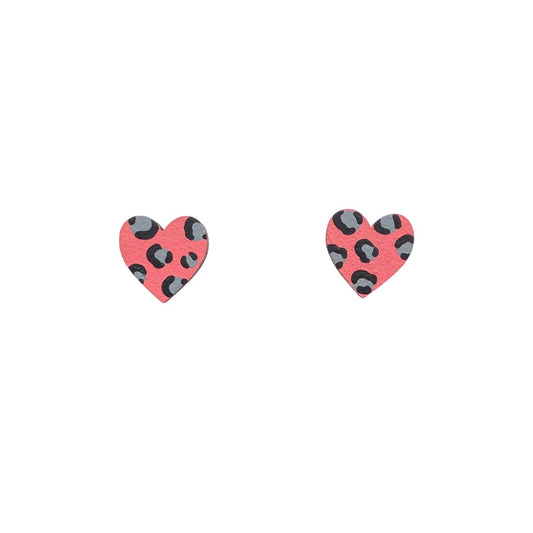 Mini Leopard Print Heart Studs - Pink and Grey - The Little Jewellery Company