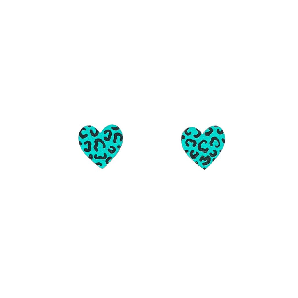 Mini Leopard Print Heart Studs - Teal and Black - The Little Jewellery Company