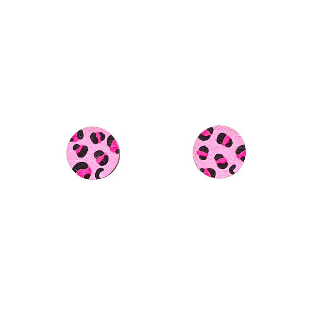 Mini Neon Pink Leopard Print Circle Studs - The Little Jewellery Company
