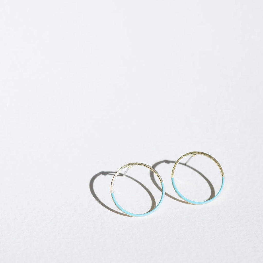 Minimalist Brass and Turquoise Enamel Open Circle Earrings - The Little Jewellery Company
