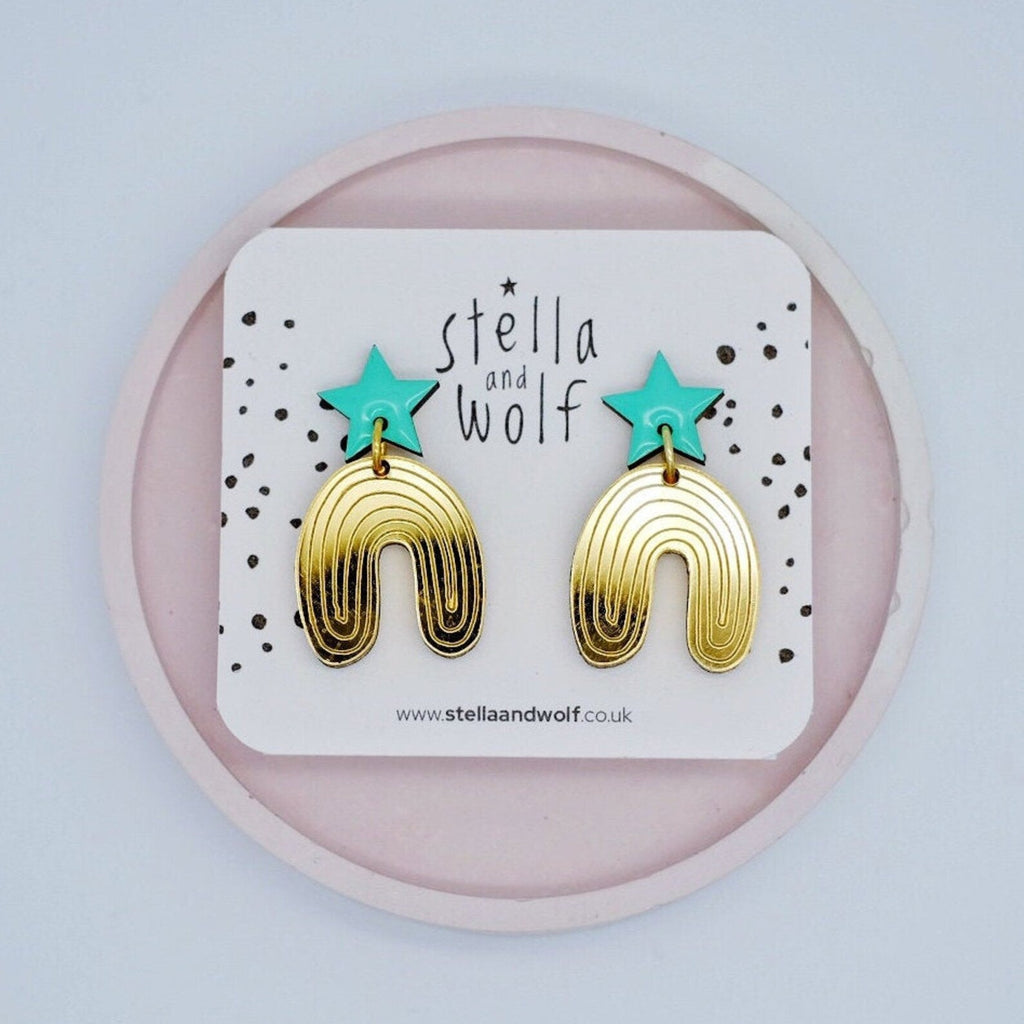 Mint Star and Gold Rainbow Drop Earrings - The Little Jewellery Company