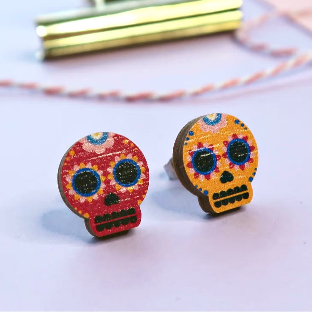 Mismatched Sugar Skulls - Eco Friendly Wooden Stud Earrings (Yellow/Red) - The Little Jewellery Company