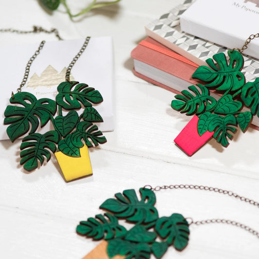 Monstera Wooden Plant Necklace - Pink - The Little Jewellery Company