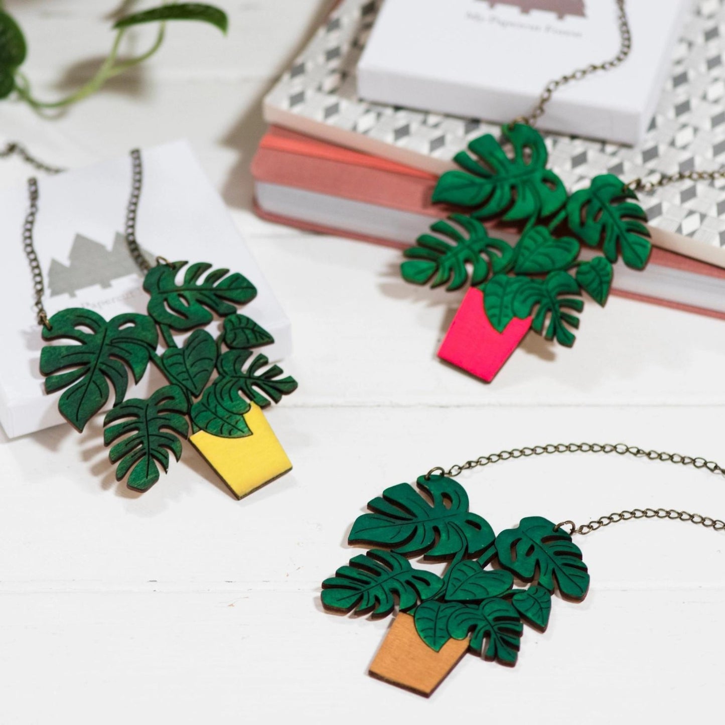 Monstera Wooden Plant Necklace - Pink - The Little Jewellery Company