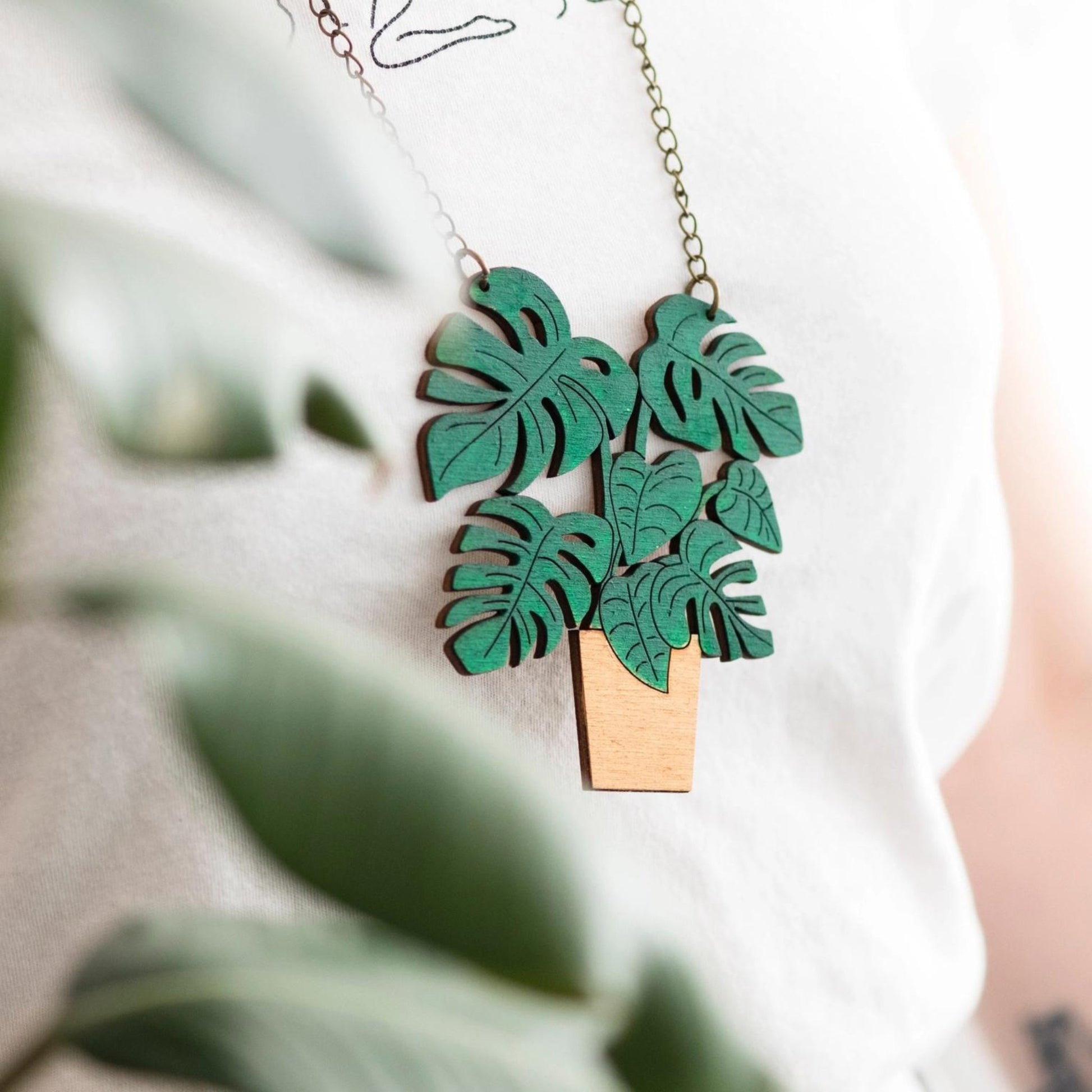 Monstera Wooden Plant Necklace - Yellow - The Little Jewellery Company