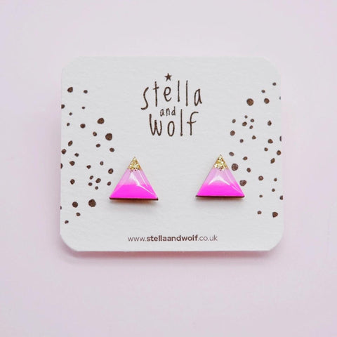 Neon Pink and Gold Glitter Triangle Studs