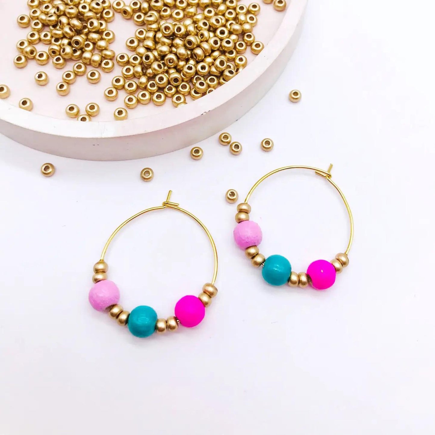 Neon Pink and Teal Beaded Hoops - The Little Jewellery Company