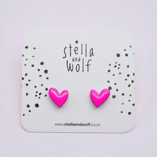 Neon Pink Wooden Heart Studs - The Little Jewellery Company
