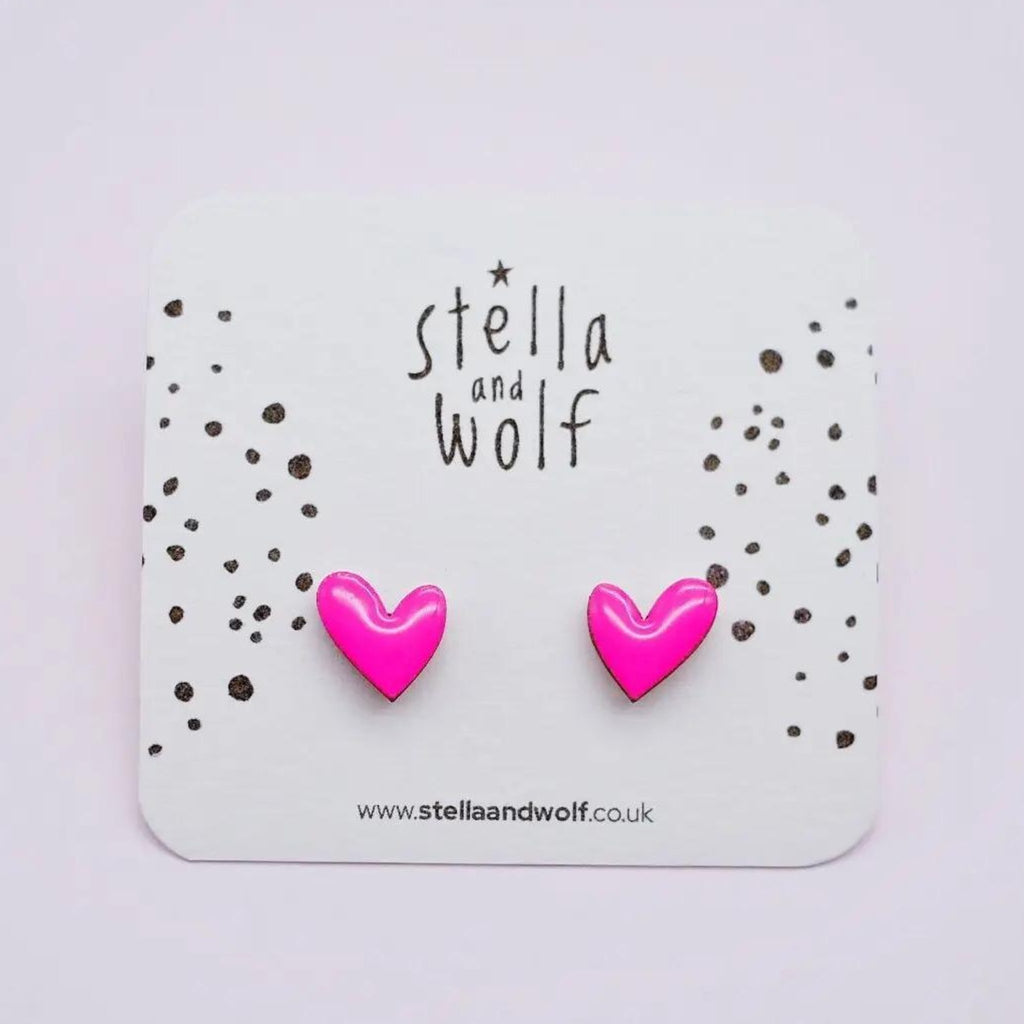 Neon Pink Wooden Heart Studs - The Little Jewellery Company