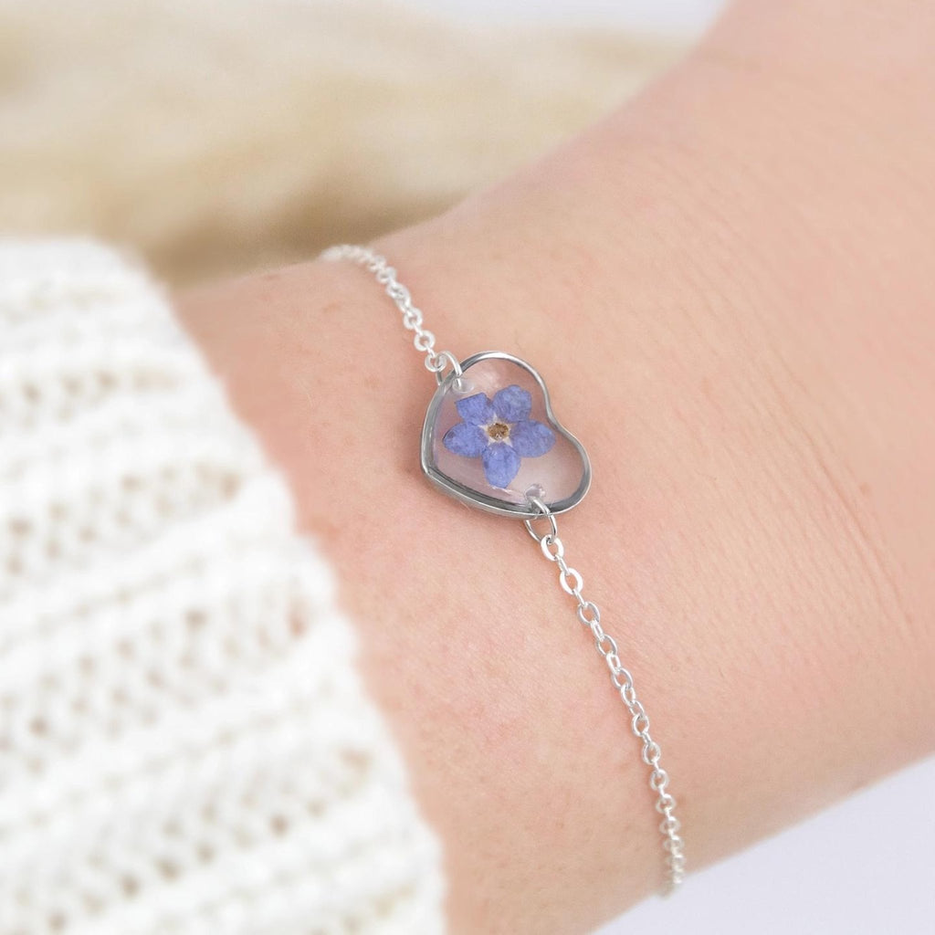 OPHELIA Heart Bracelet With Real Dried Forget-Me-Nots (Silver-Plated) - The Little Jewellery Company