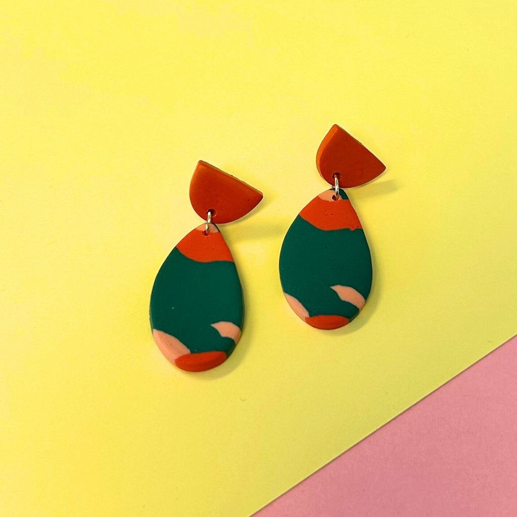 Orange and Teal Clay Drop Earrings - The Little Jewellery Company