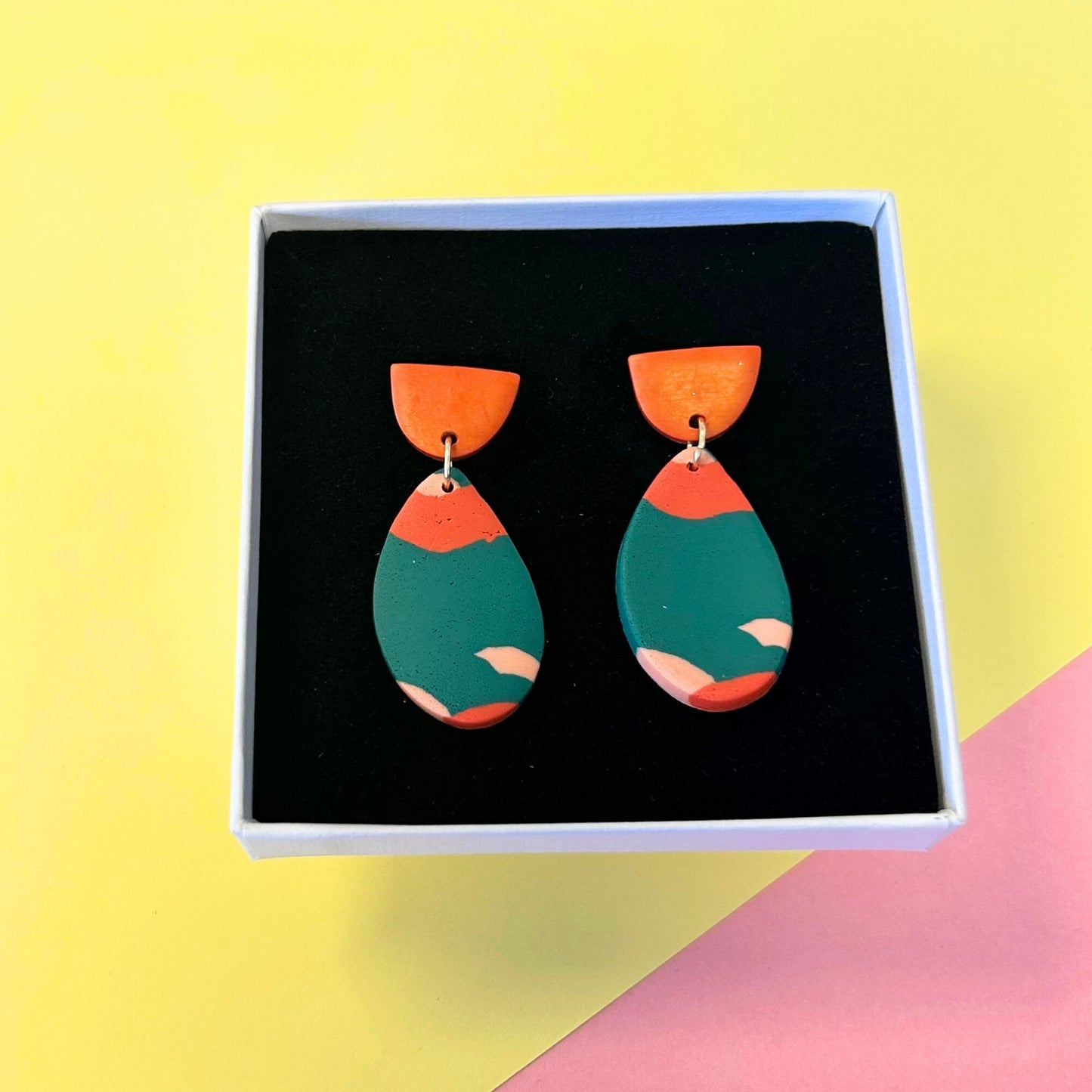 Orange and Teal Clay Drop Earrings - The Little Jewellery Company