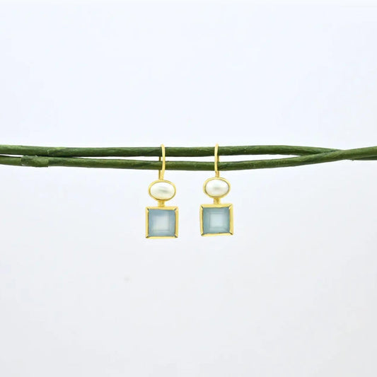 Oval Pearl & Square Blue Chalcedony Earrings - The Little Jewellery Company