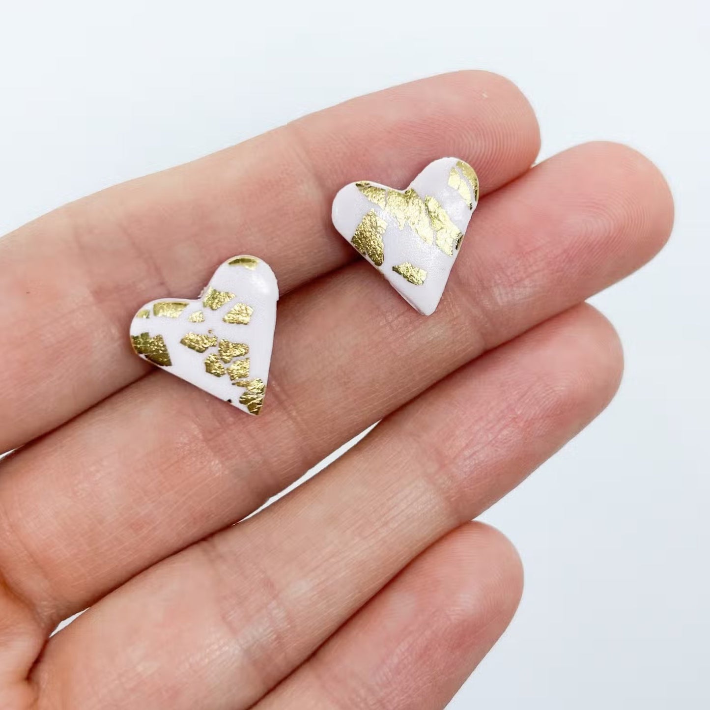 Pink and Gold Leaf Polymer Clay Heart Studs - The Little Jewellery Company