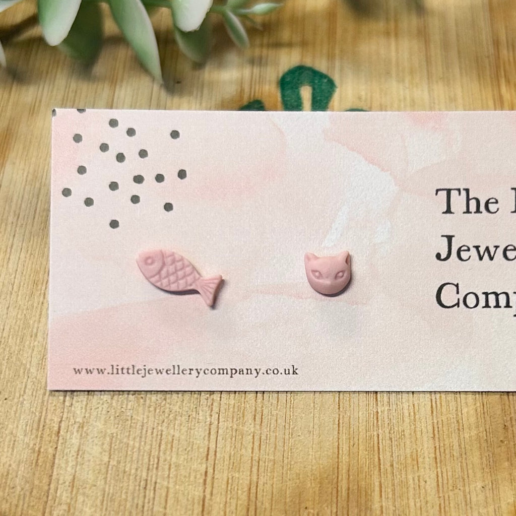 Pink Mismatched Kitty/Fish Studs - The Little Jewellery Company