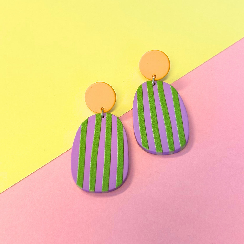 Purple and Lime Stripes - Drop Earrings - The Little Jewellery Company