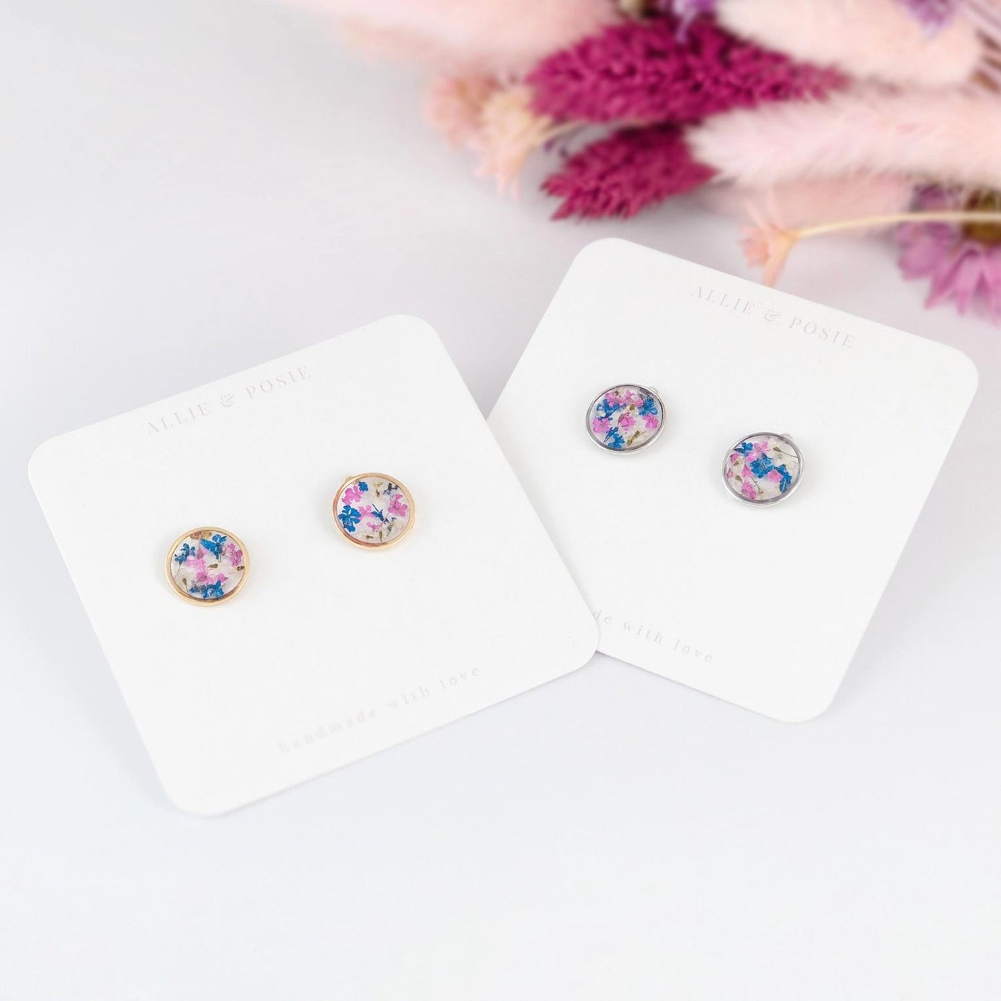 Real Flower Studs With Colourful Petals: Gold plated - The Little Jewellery Company