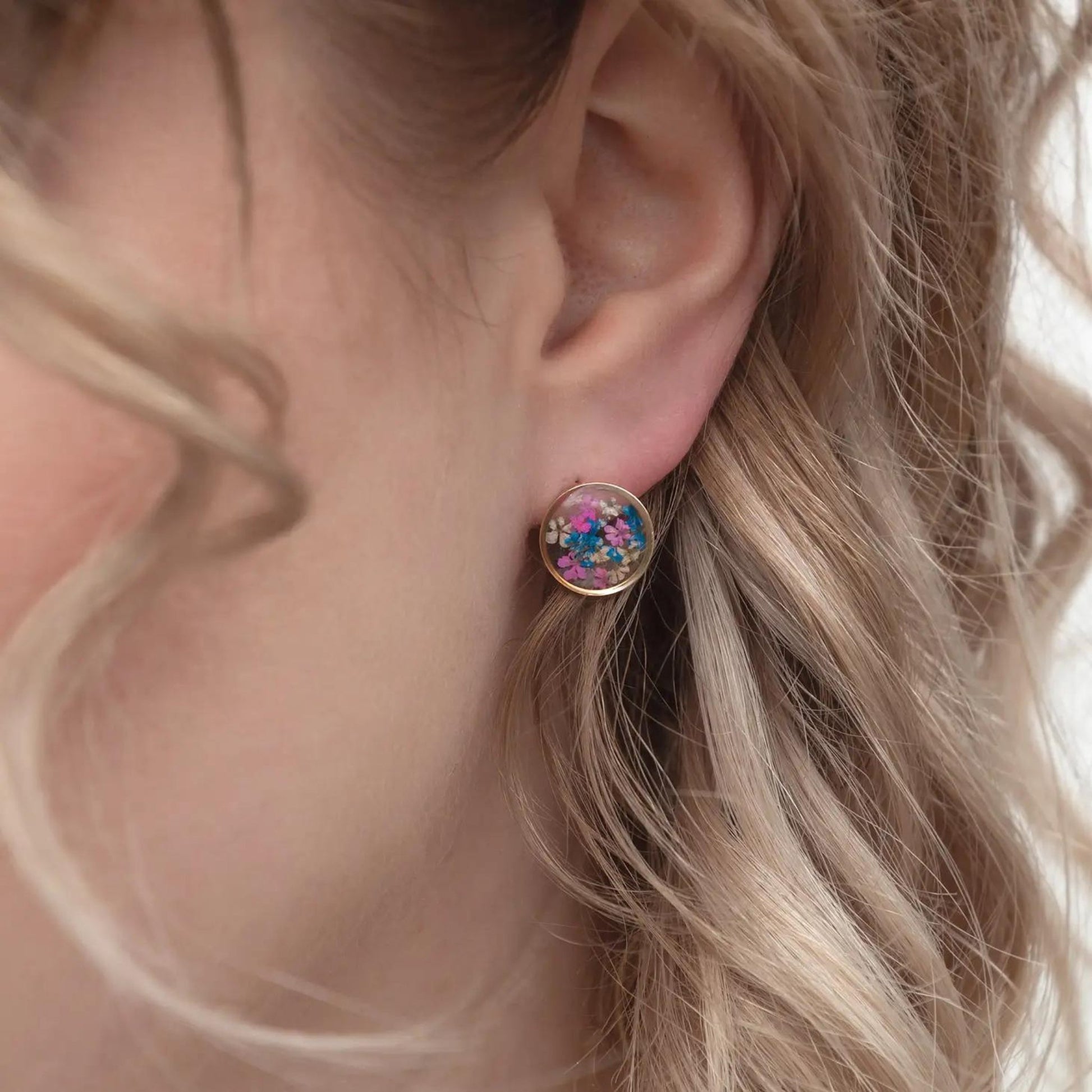 Real Flower Studs With Colourful Petals: Gold plated - The Little Jewellery Company