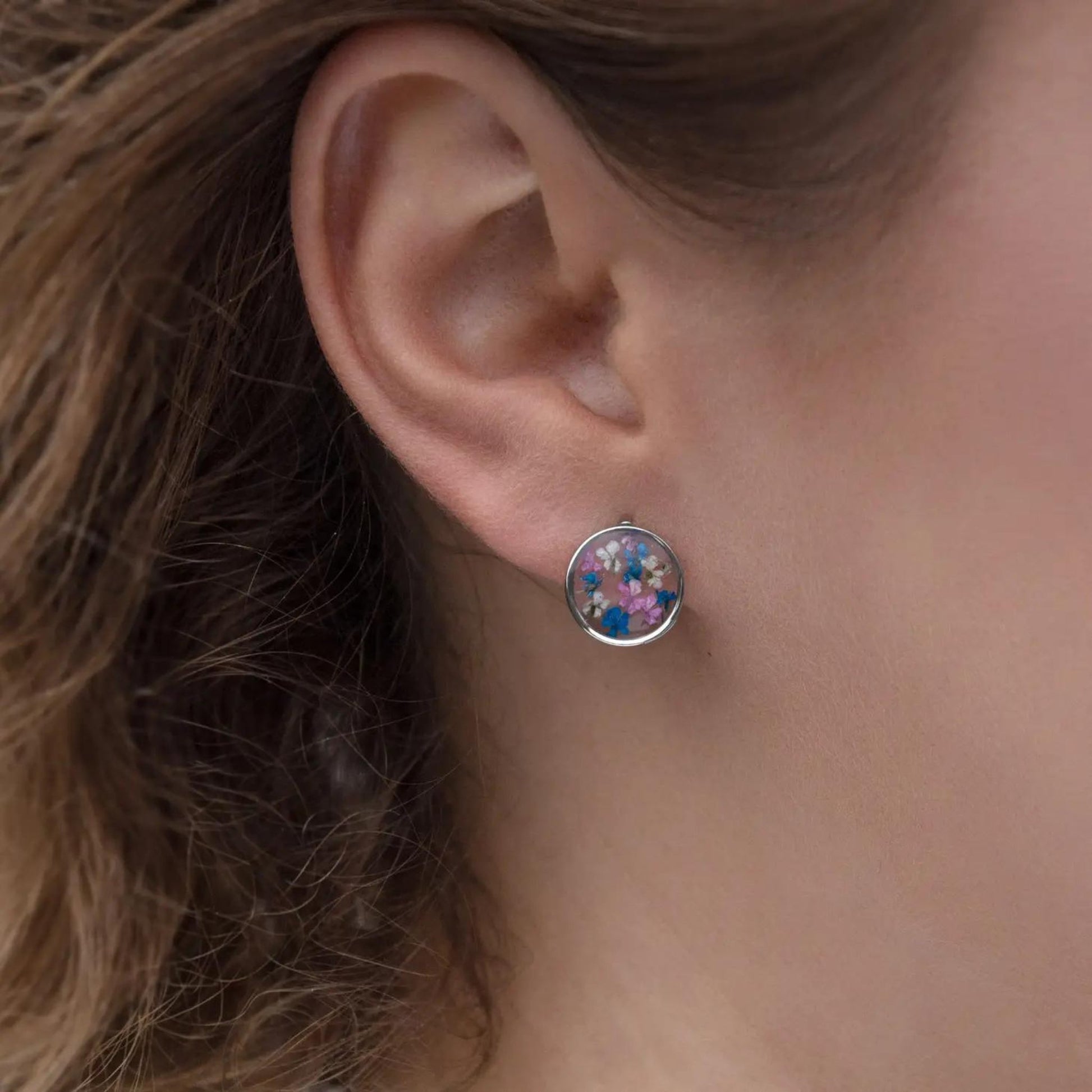 Real Flower Studs With Colourful Petals: Silver Plated - The Little Jewellery Company