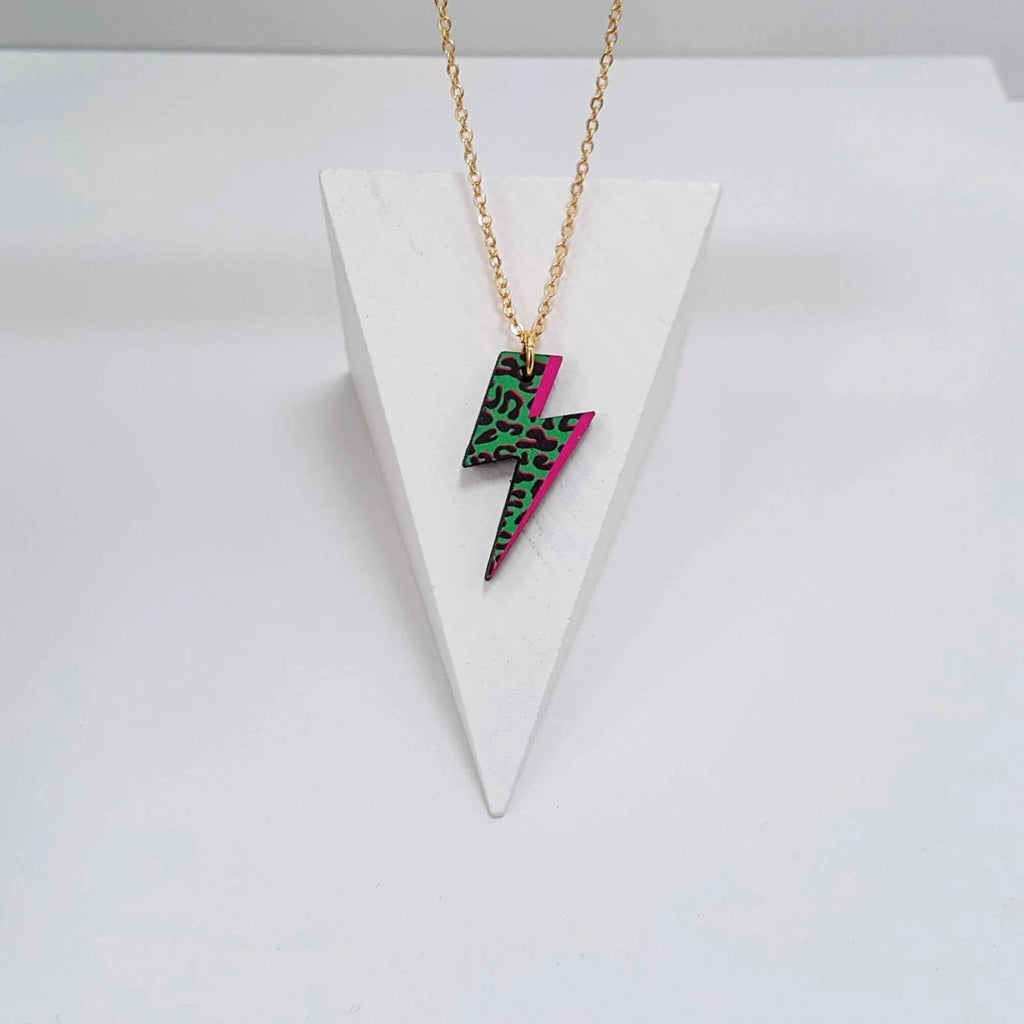 Rebel Rebel - Lightning Bolt Leopard Print Green Necklace - The Little Jewellery Company