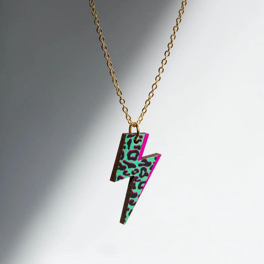 Rebel Rebel - Lightning Bolt Leopard Print Green Necklace - The Little Jewellery Company