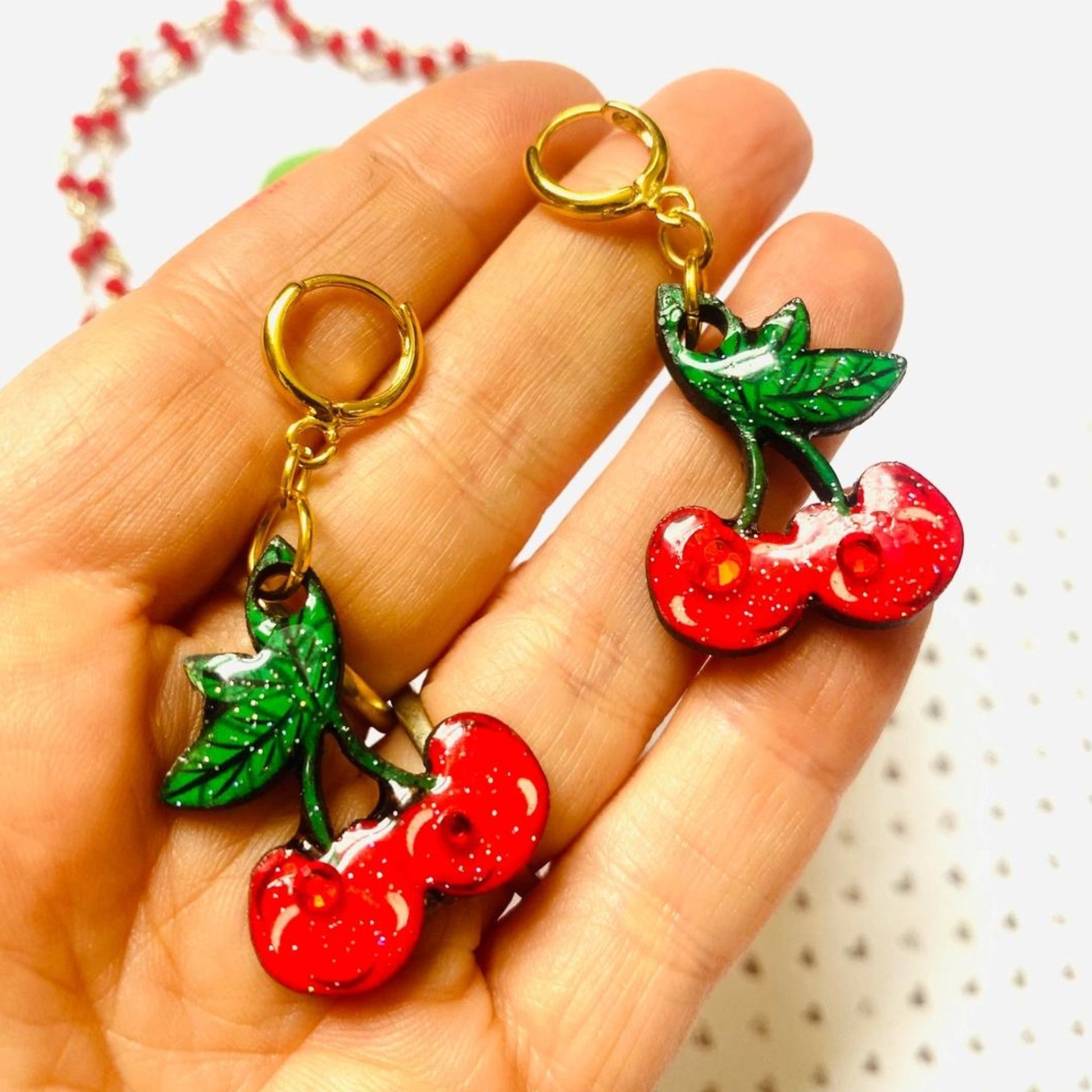 Retro Cherry Earrings on Huggie Hoops - The Little Jewellery Company