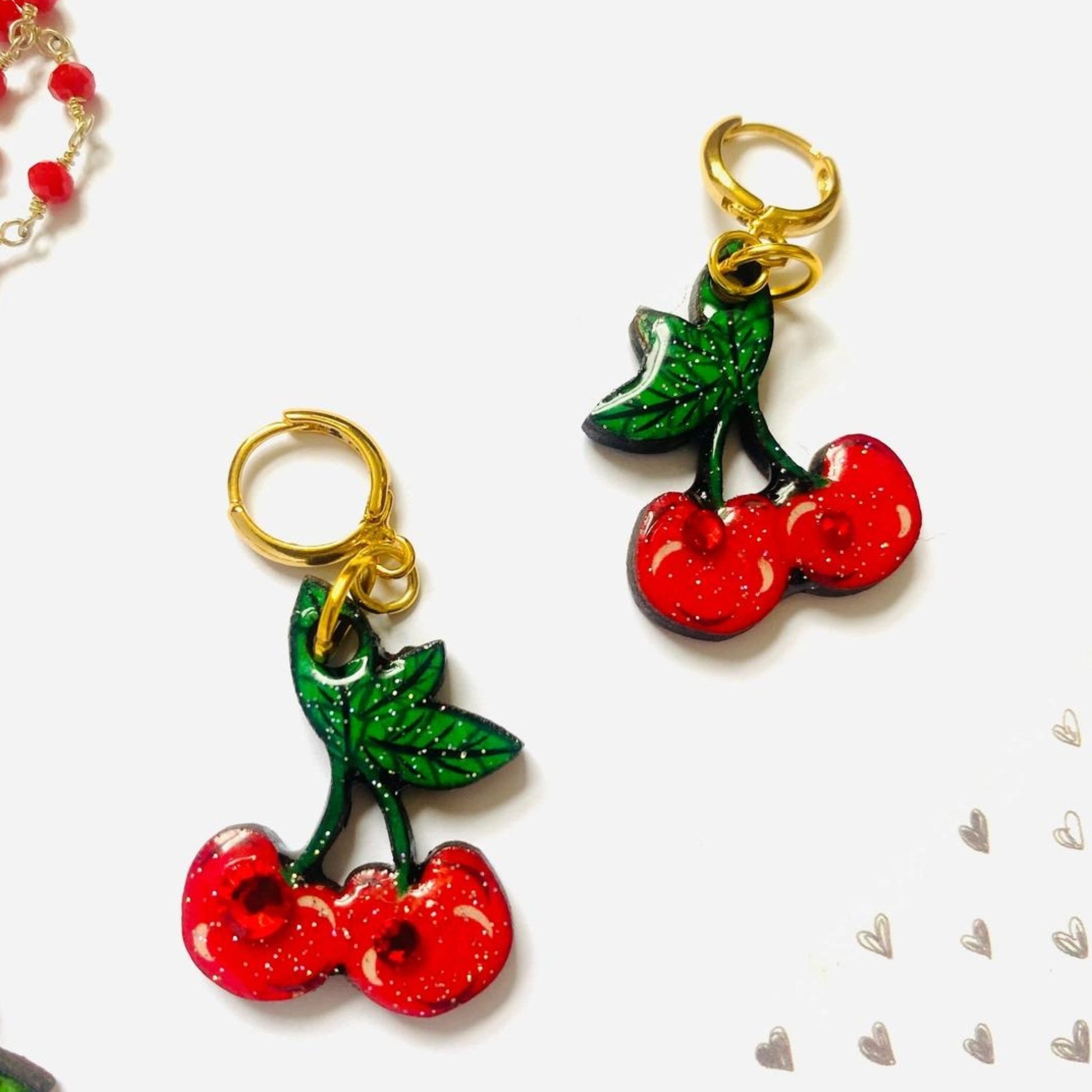 Retro Cherry Earrings on Huggie Hoops - The Little Jewellery Company
