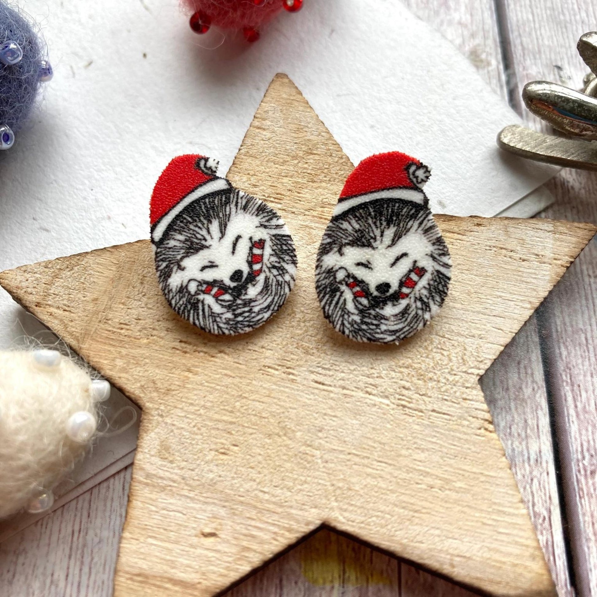 Santa Hat Curled Hedgehog Studs - The Little Jewellery Company