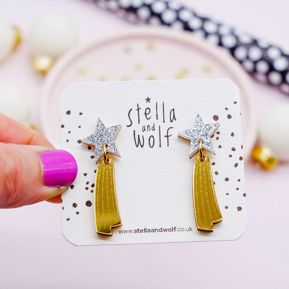 Silver Glitter and Gold Shooting Star Drop Earrings - The Little Jewellery Company