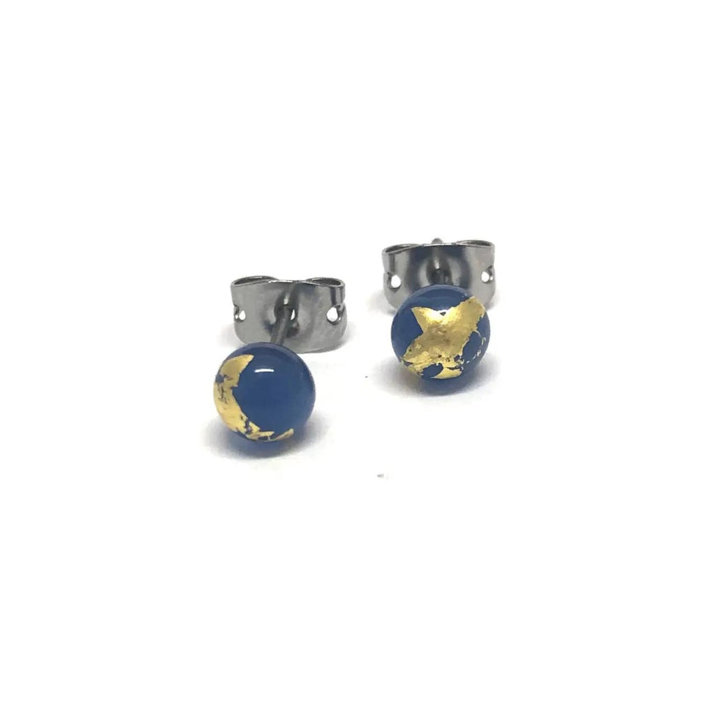 Slate Blue and Gold Handmade Glass Stud Earrings - The Little Jewellery Company