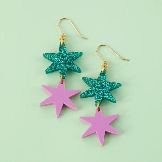 Star Dangle Earrings in Emerald Glitter - The Little Jewellery Company