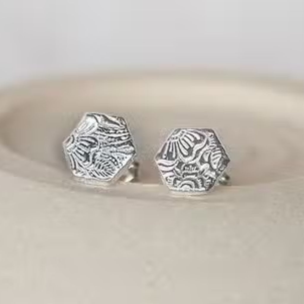Sterling Silver Textured Hexagon Studs - The Little Jewellery Company