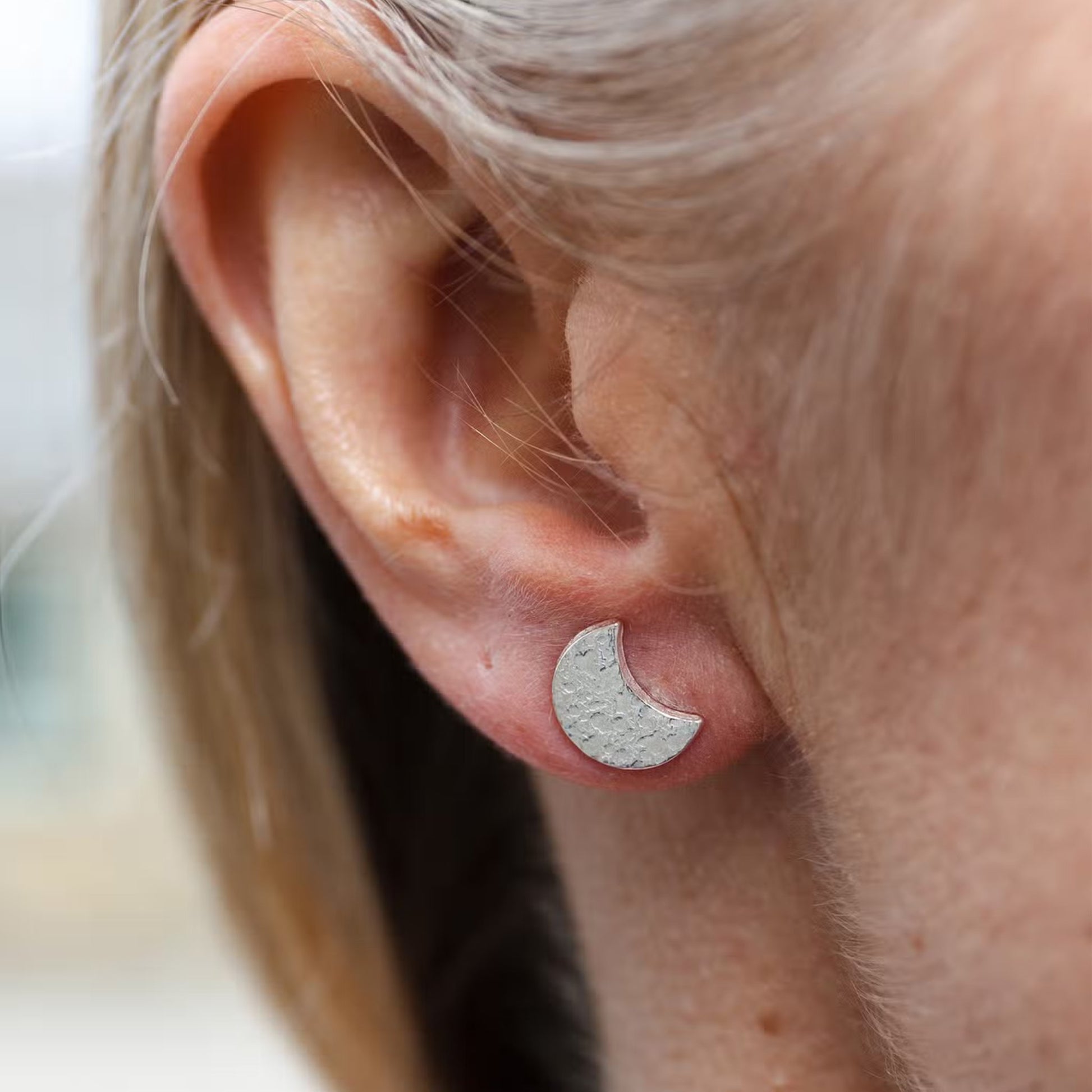 Sterling Silver Textured Moon Studs - The Little Jewellery Company