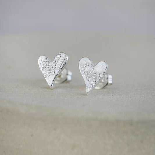 Sterling Silver Textured Tilted Heart Studs - The Little Jewellery Company